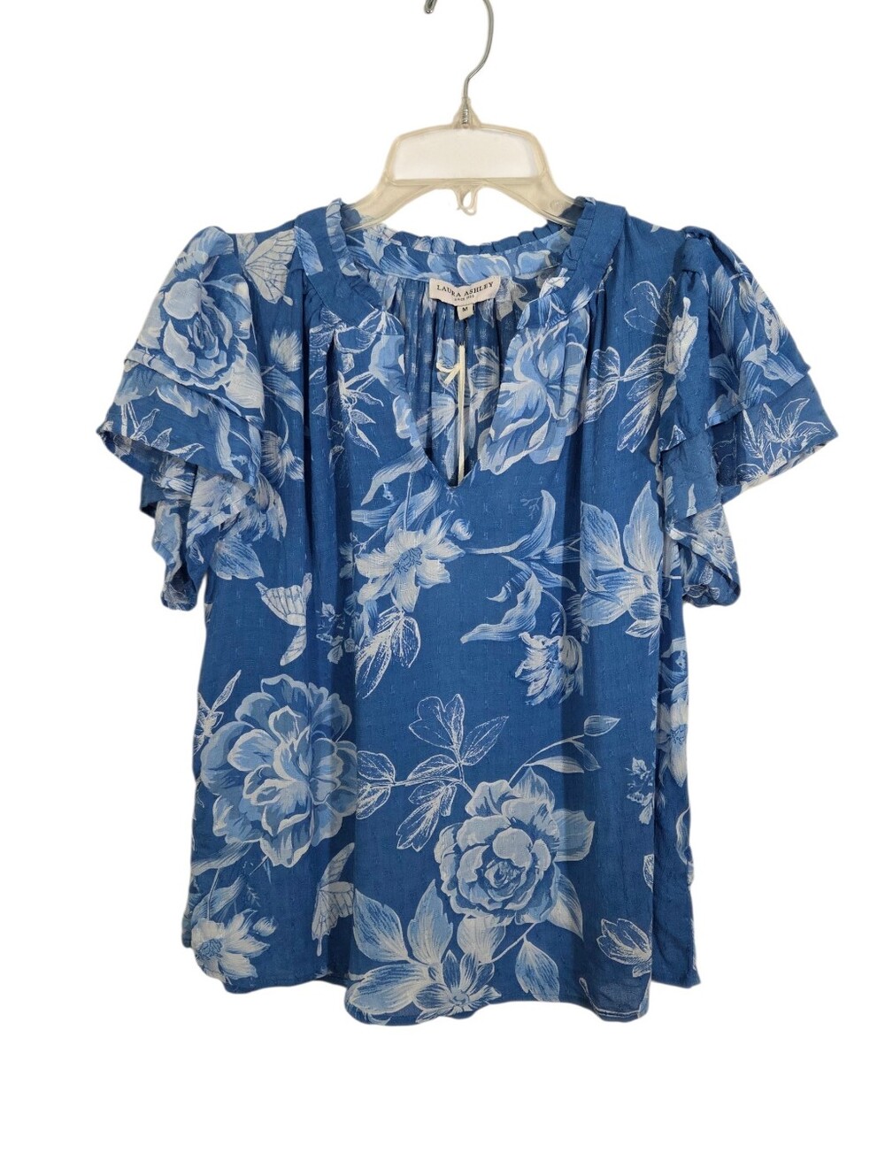 NWT Laura Ashley Blue Floral Tiered Sleeve Blouse Boho Cottagecore Size Medium